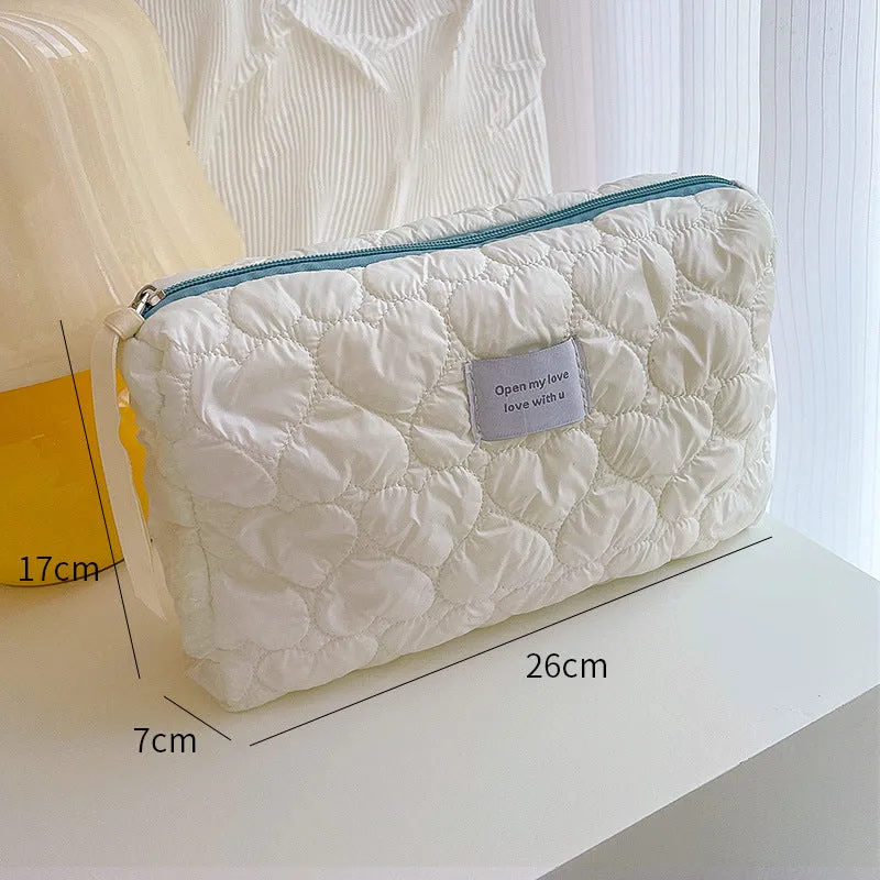Cute Pink White Love Hearts Soft Quilted cotton Bridesmaid Makeup Bag, Large Capacity Makeup Bag