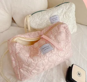 Cute Pink White Love Hearts Soft Quilted cotton Bridesmaid Makeup Bag, Large Capacity Makeup Bag
