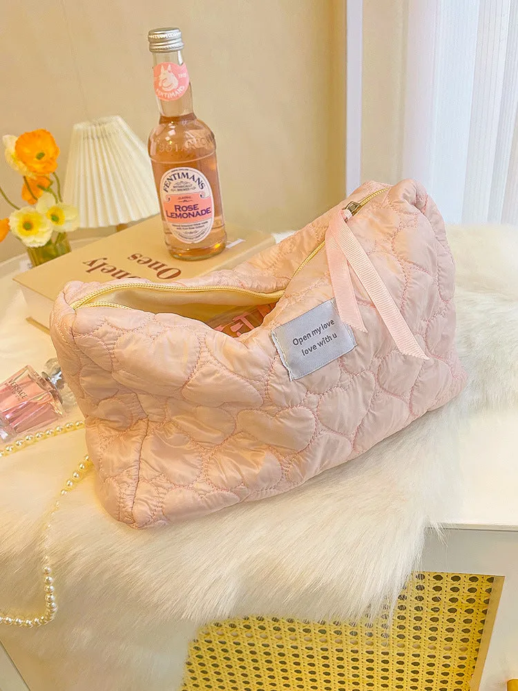 Cute Pink White Love Hearts Soft Quilted cotton Bridesmaid Makeup Bag, Large Capacity Makeup Bag