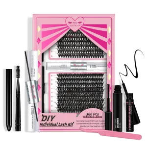 DIY Lash Extension Kit with 360 Pcs Individual Lashes Lash Bond and Seal Overnighter Sealer Lash Remover Eyelash Applicator Lash Brush for Beginner Easy to Use(40D 50D-D-10-16mix Kit)