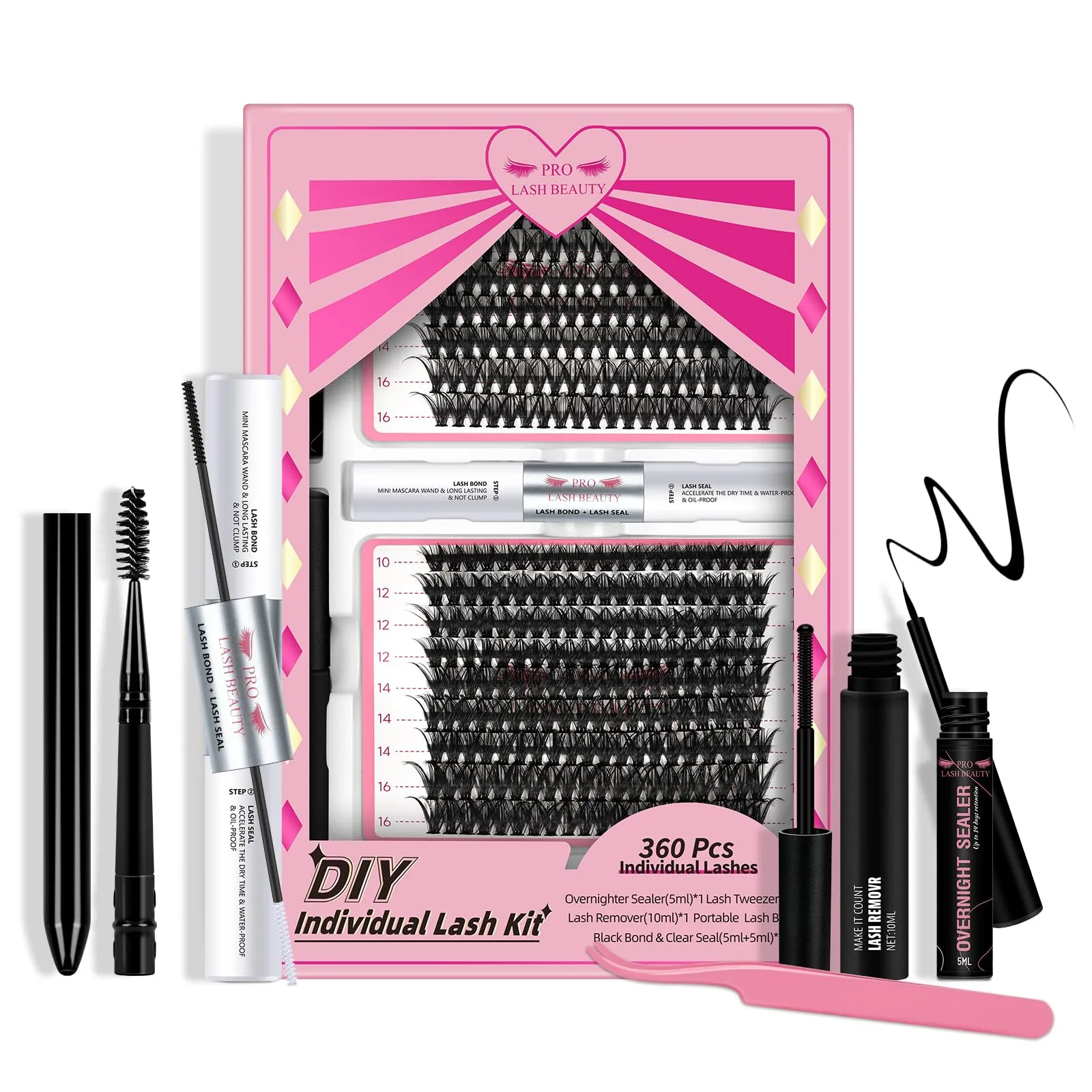DIY Lash Extension Kit with 360 Pcs Individual Lashes Lash Bond and Seal Overnighter Sealer Lash Remover Eyelash Applicator Lash Brush for Beginner Easy to Use(40D 50D-D-10-16mix Kit)