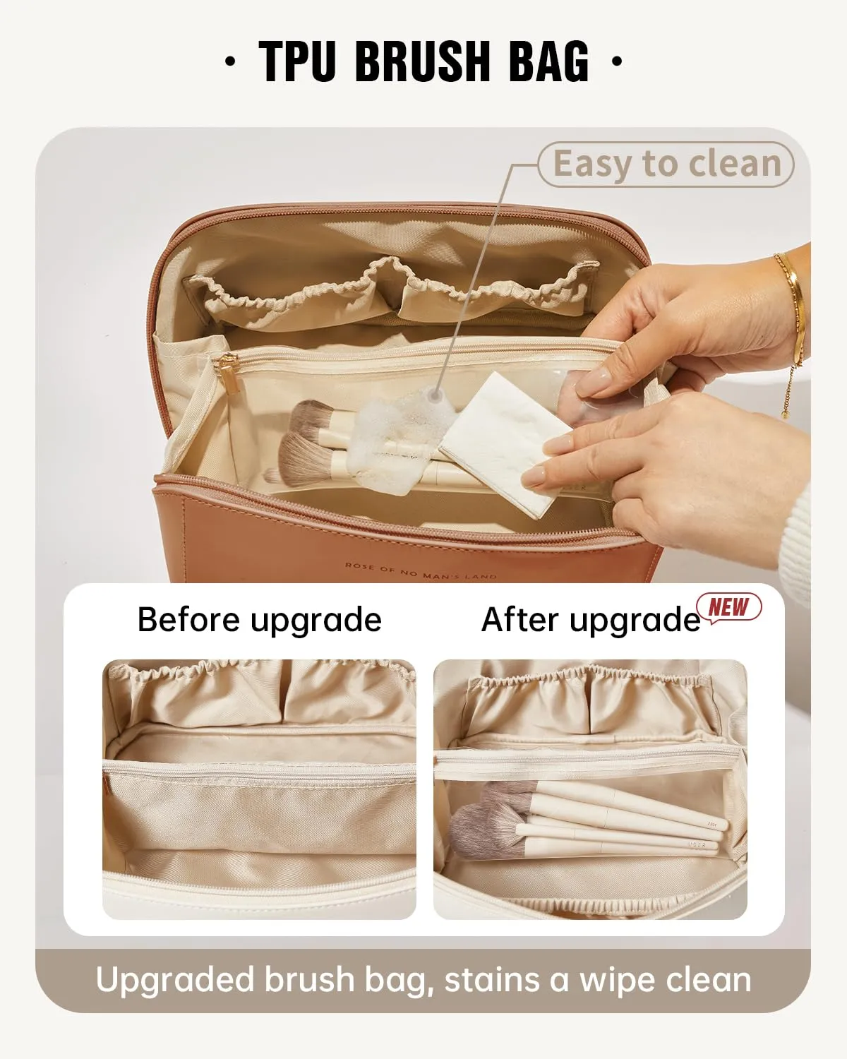 EACHY Travel Makeup Bag,Large Capacity Cosmetic Bags for Women,Waterproof Portable Pouch Open Flat Toiletry Bag Make up Organizer with Divider and Handle (Large-Brown, Large)