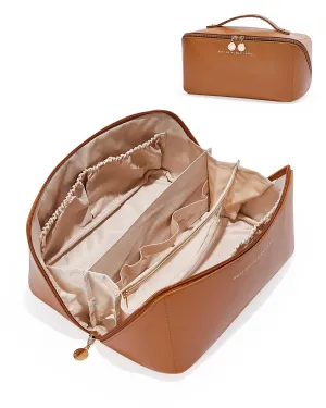 EACHY Travel Makeup Bag,Large Capacity Cosmetic Bags for Women,Waterproof Portable Pouch Open Flat Toiletry Bag Make up Organizer with Divider and Handle (Large-Brown, Large)
