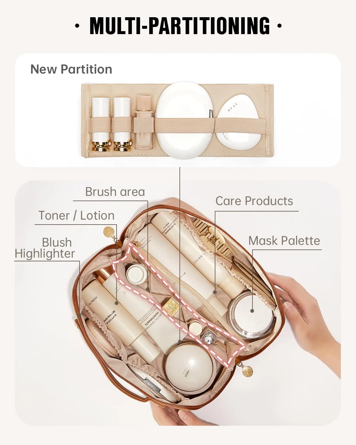 EACHY Travel Makeup Bag,Large Capacity Cosmetic Bags for Women,Waterproof Portable Pouch Open Flat Toiletry Bag Make up Organizer with Divider and Handle (Large-Brown, Large)