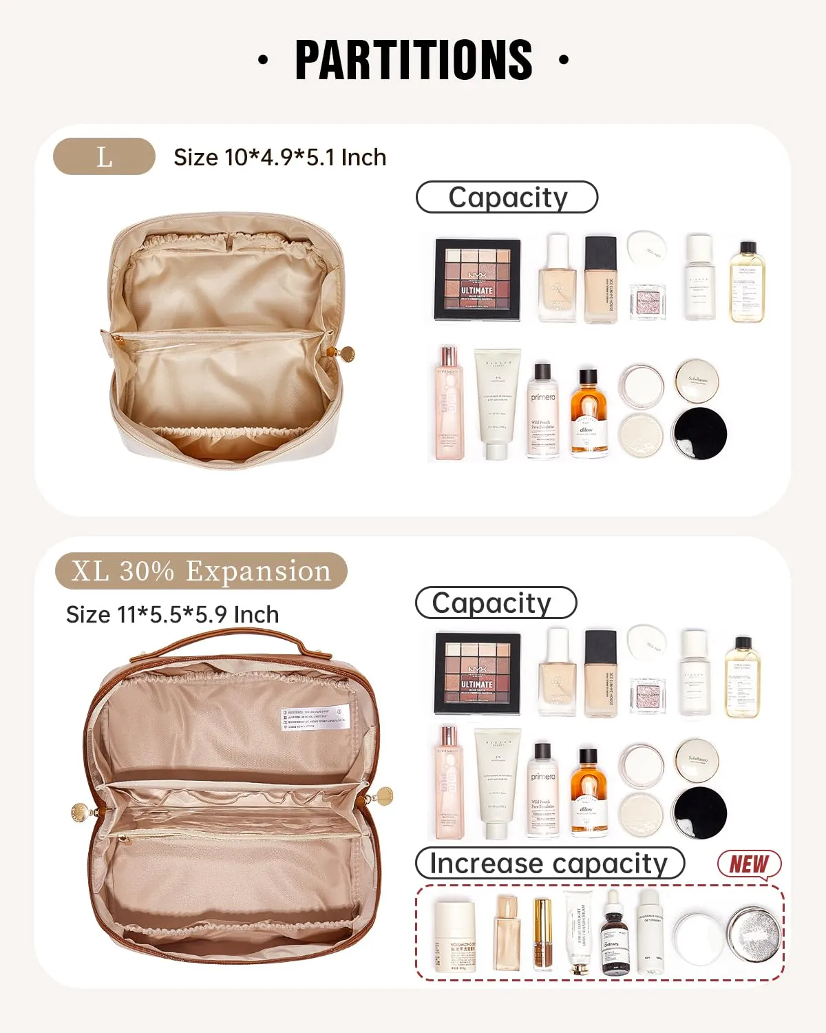 EACHY Travel Makeup Bag,Large Capacity Cosmetic Bags for Women,Waterproof Portable Pouch Open Flat Toiletry Bag Make up Organizer with Divider and Handle (Large-Brown, Large)