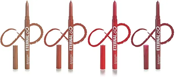 Eternal Automatic Twist Up Water Resistant Lip Liner Set – Easy Glide-on, Long Lasting and Non-Smudge Retractable Lip Pencil with Pigments and Professional Creamy Matte Finish (4 Pack)