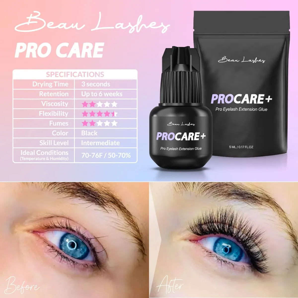 Extra Strong Eyelash Extension Glue for Professionals – Super Strong Black Bonding Adhesive for Long Lasting Semi Permanent Individual Lash Extensions – 3s Fast Drying / 6 Weeks Retention