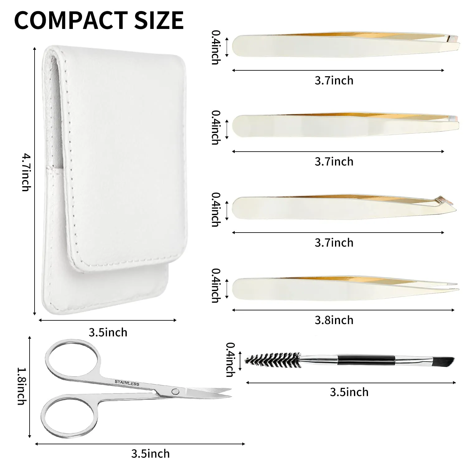 Eyebrow Tweezers Set Pack of 6 Gold Stainless Steel for Women Scissors Brush Precision Slant Pointed Tweezers Kit for Splinter Ingrown Facial Hair Removal with Leather Case Gift
