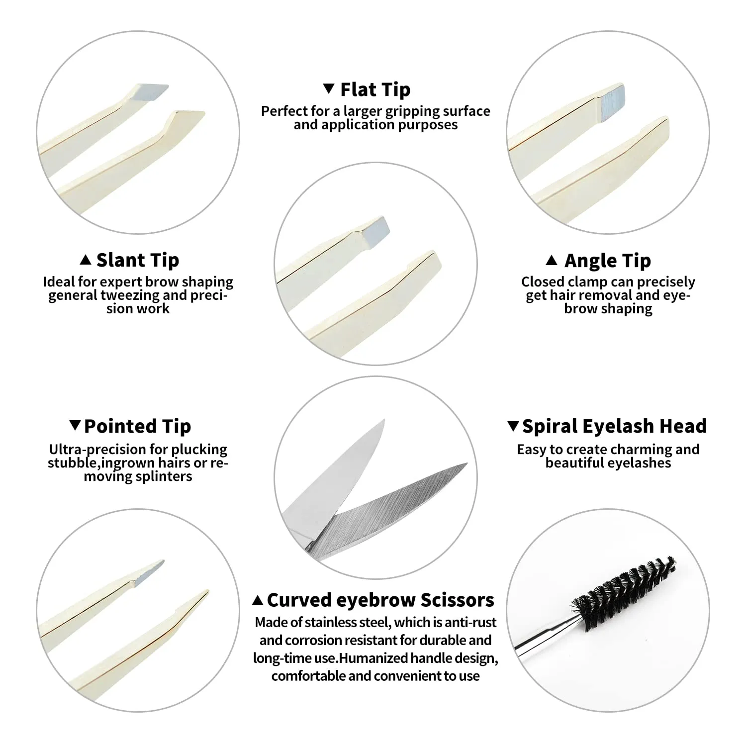 Eyebrow Tweezers Set Pack of 6 Gold Stainless Steel for Women Scissors Brush Precision Slant Pointed Tweezers Kit for Splinter Ingrown Facial Hair Removal with Leather Case Gift