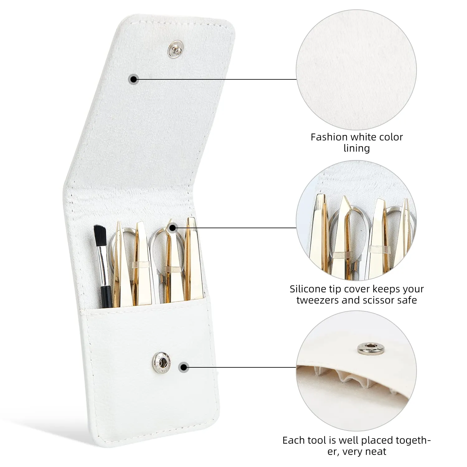 Eyebrow Tweezers Set Pack of 6 Gold Stainless Steel for Women Scissors Brush Precision Slant Pointed Tweezers Kit for Splinter Ingrown Facial Hair Removal with Leather Case Gift