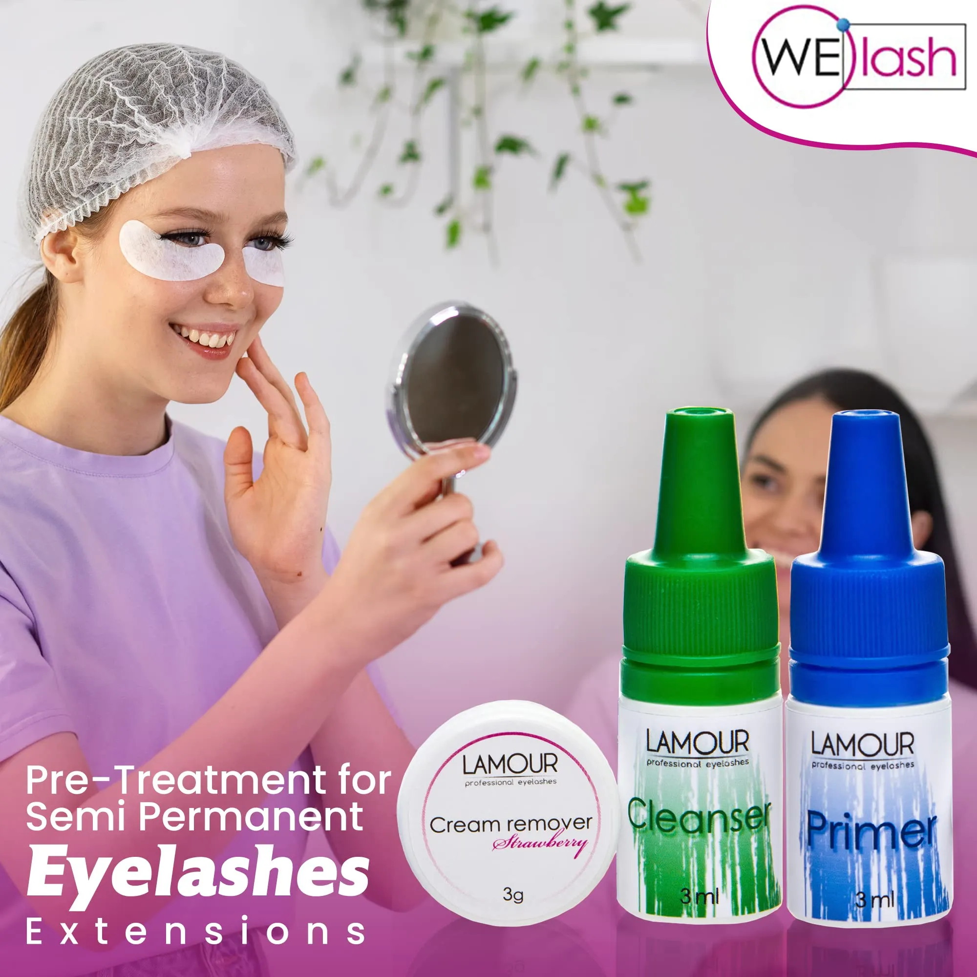 Eyelash Extension Kit 3-in-1 Cleanser, Pre-Treatment for Semi Permanent Eyelashes Extensions, Lash Primer Extension Cream Remover, 3g Easily Removes Proteins and Oils Longer Retention by Lamour