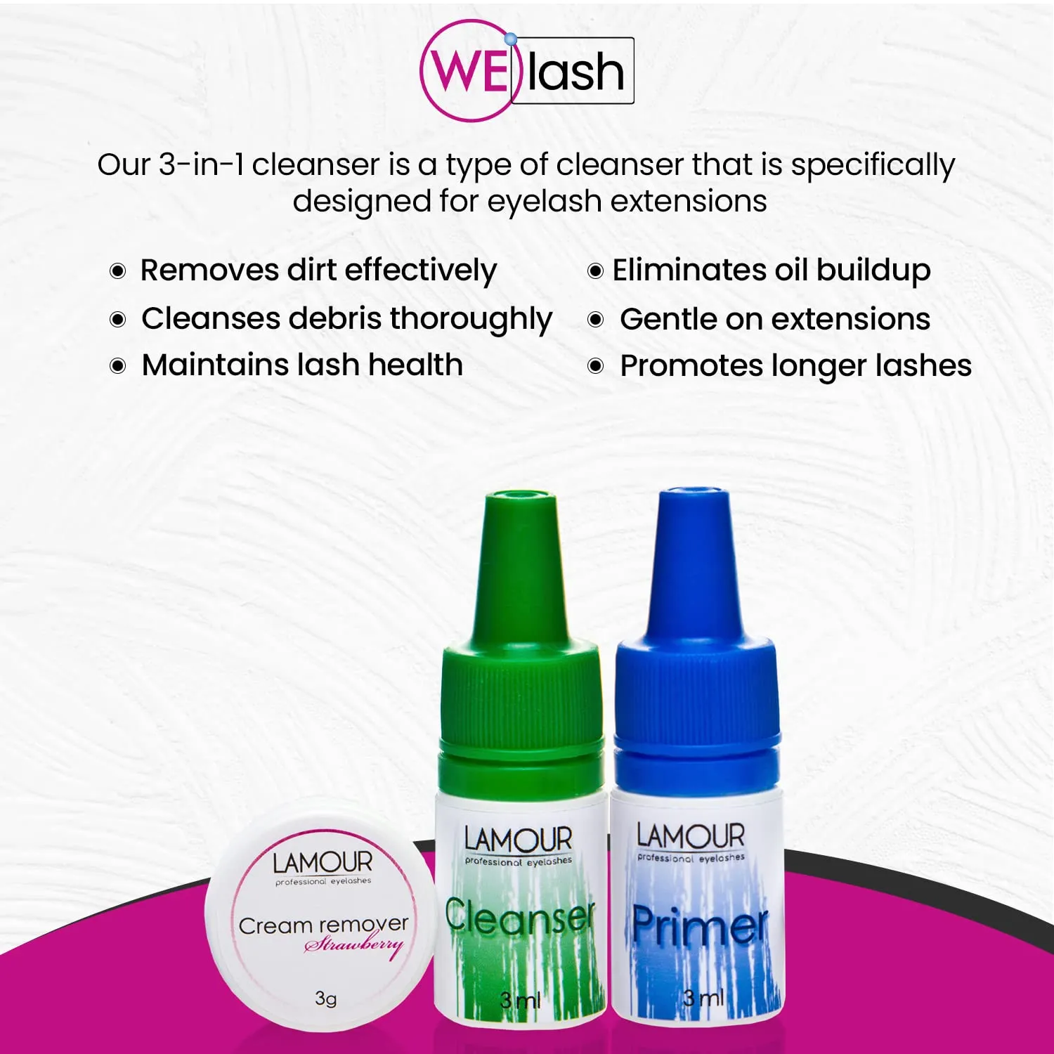 Eyelash Extension Kit 3-in-1 Cleanser, Pre-Treatment for Semi Permanent Eyelashes Extensions, Lash Primer Extension Cream Remover, 3g Easily Removes Proteins and Oils Longer Retention by Lamour
