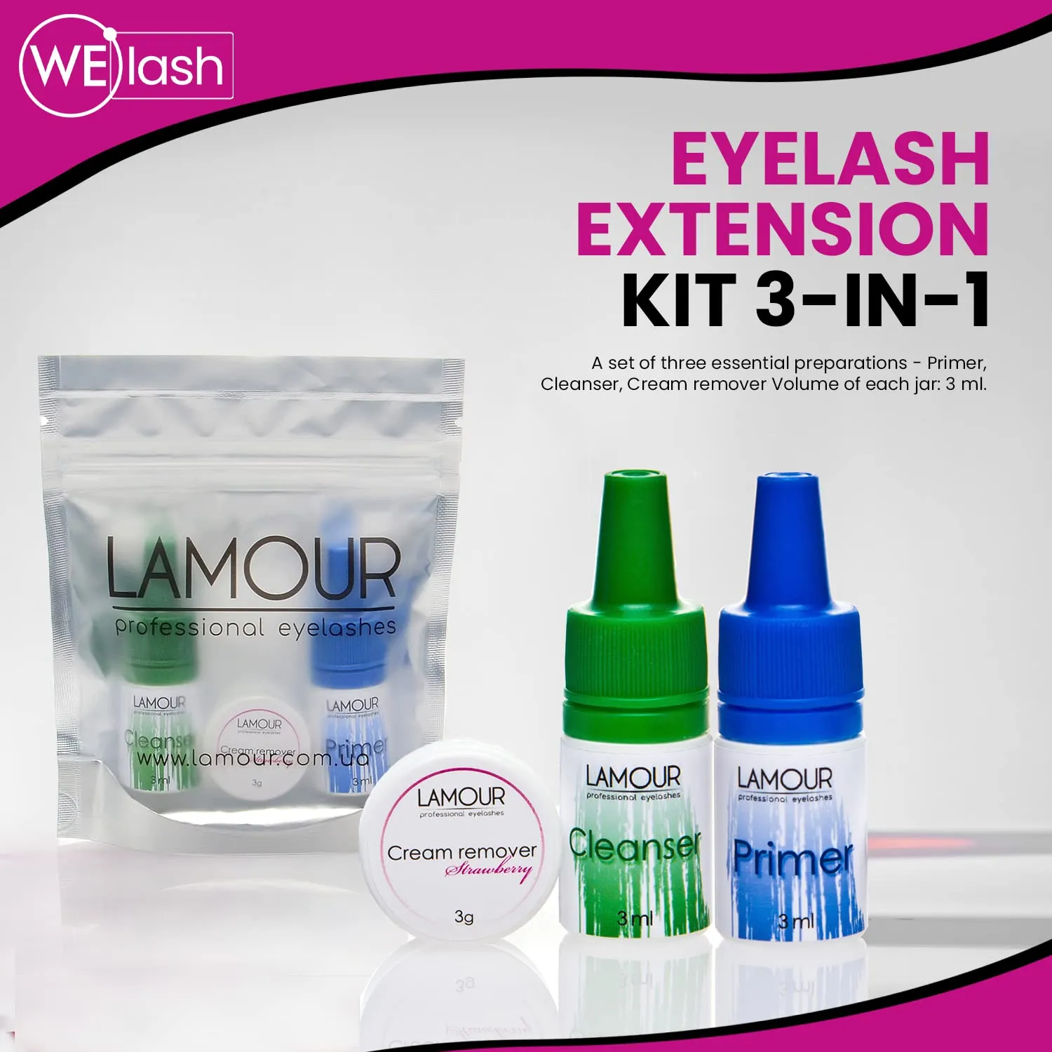 Eyelash Extension Kit 3-in-1 Cleanser, Pre-Treatment for Semi Permanent Eyelashes Extensions, Lash Primer Extension Cream Remover, 3g Easily Removes Proteins and Oils Longer Retention by Lamour