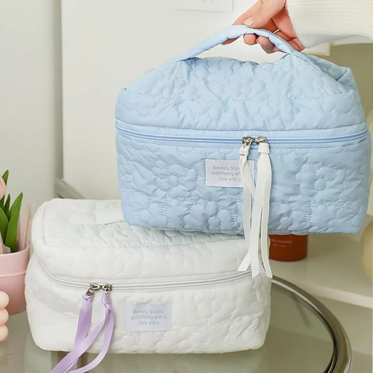 Flower Quilting Cloth Makeup Bag Travel Toiletry Bag with Handle Organizer