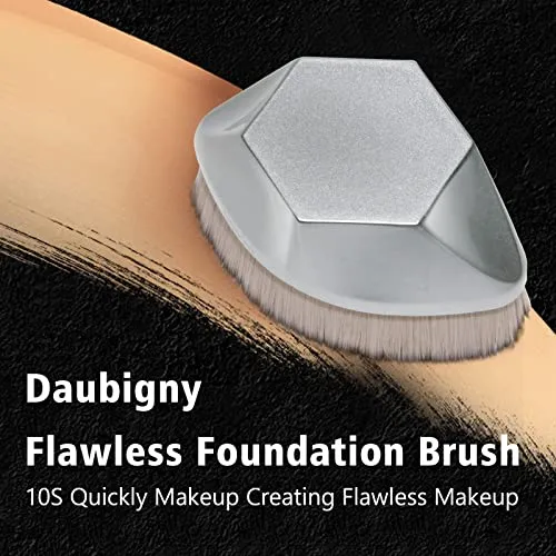 Foundation Makeup Brush Flat Top Kabuki Hexagon Face Blush Liquid Powder Foundation Brush for Blending Liquid, Cream or Flawless Powder Cosmetics with Bonus Protective Case (Silver)