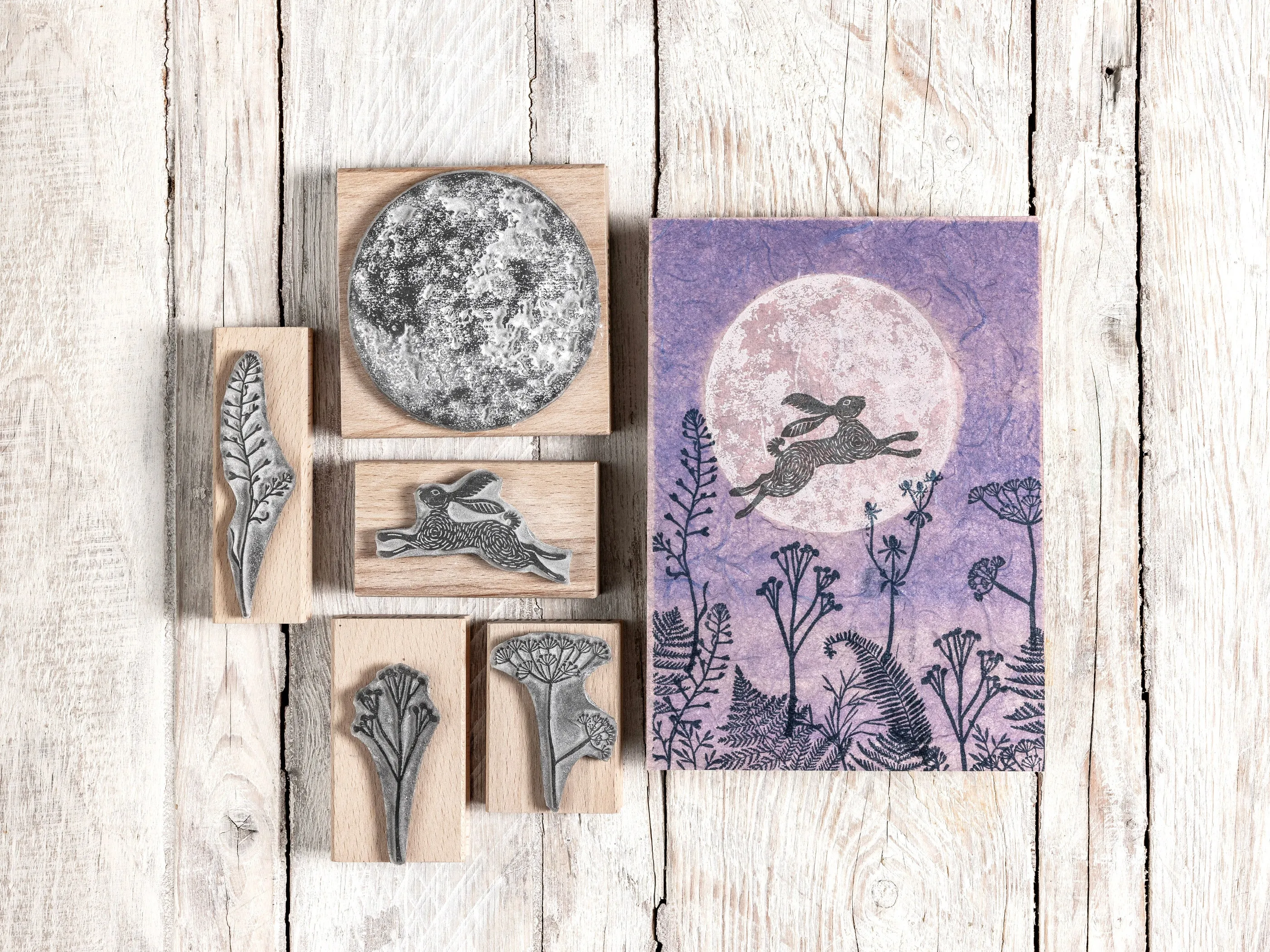 Full Moon Stamps with Leaping Hare stamp and Meadow Flower Silhouette Stamps, Cardmaking Supplies and Nature Journal Stamps