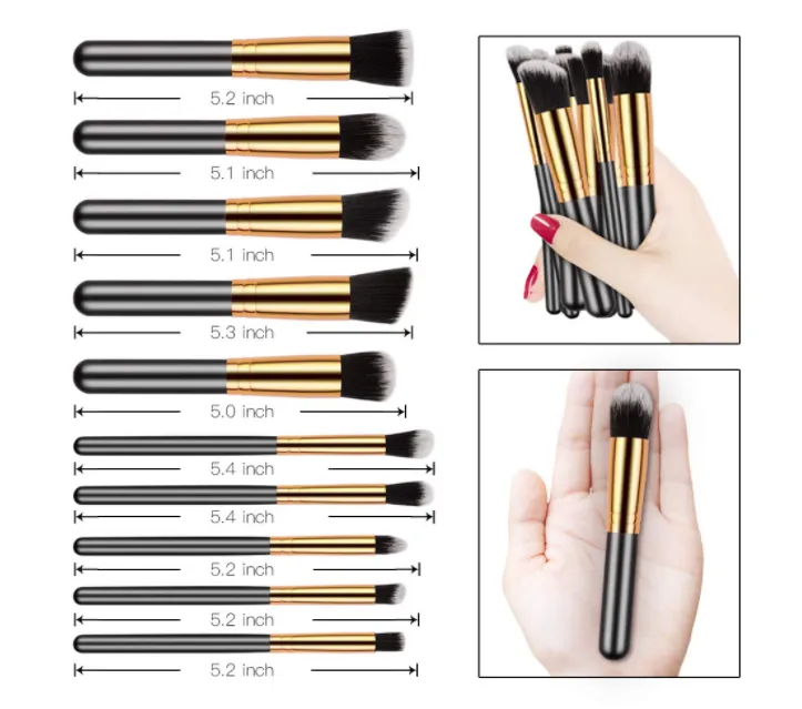 Golden Black Foundation Powder Eyebrow Eyeliner Blush Concealer Brush Set