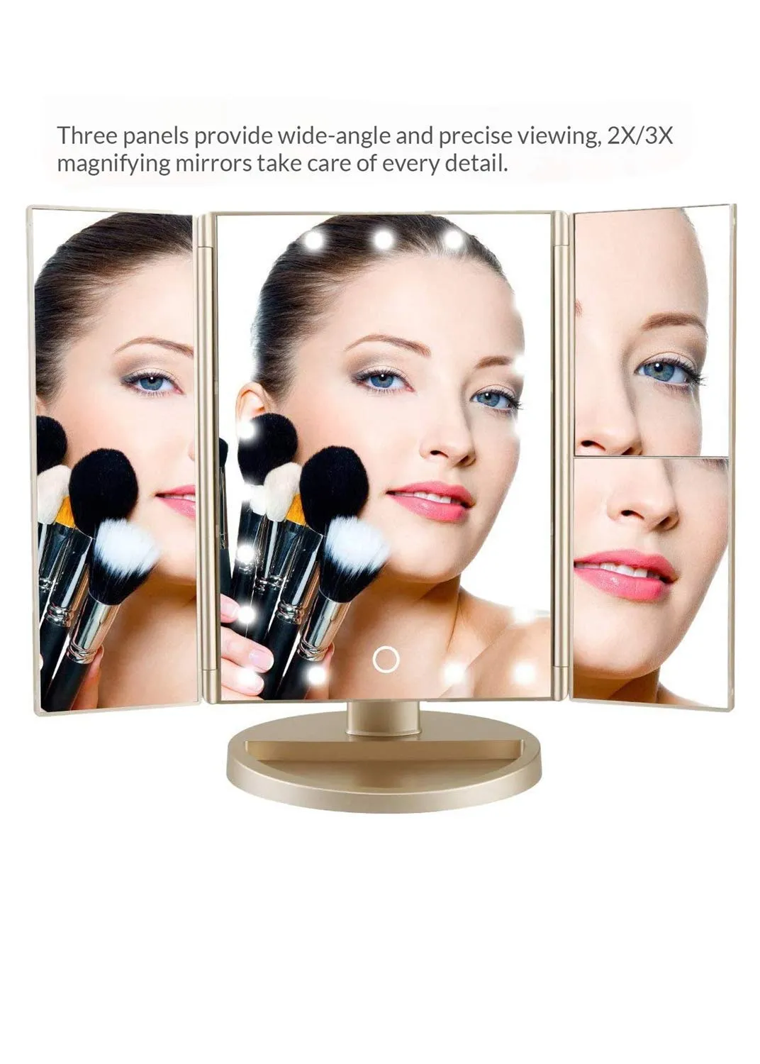 Infitrans 3 Folds Lighted Vanity Makeup Mirror,1X/2X/3X Magnification, 21 LED Light Bright Table Mirror with Touch Screen,180 Adjustable Rotation,Portable Travel Cosmetic Mirror