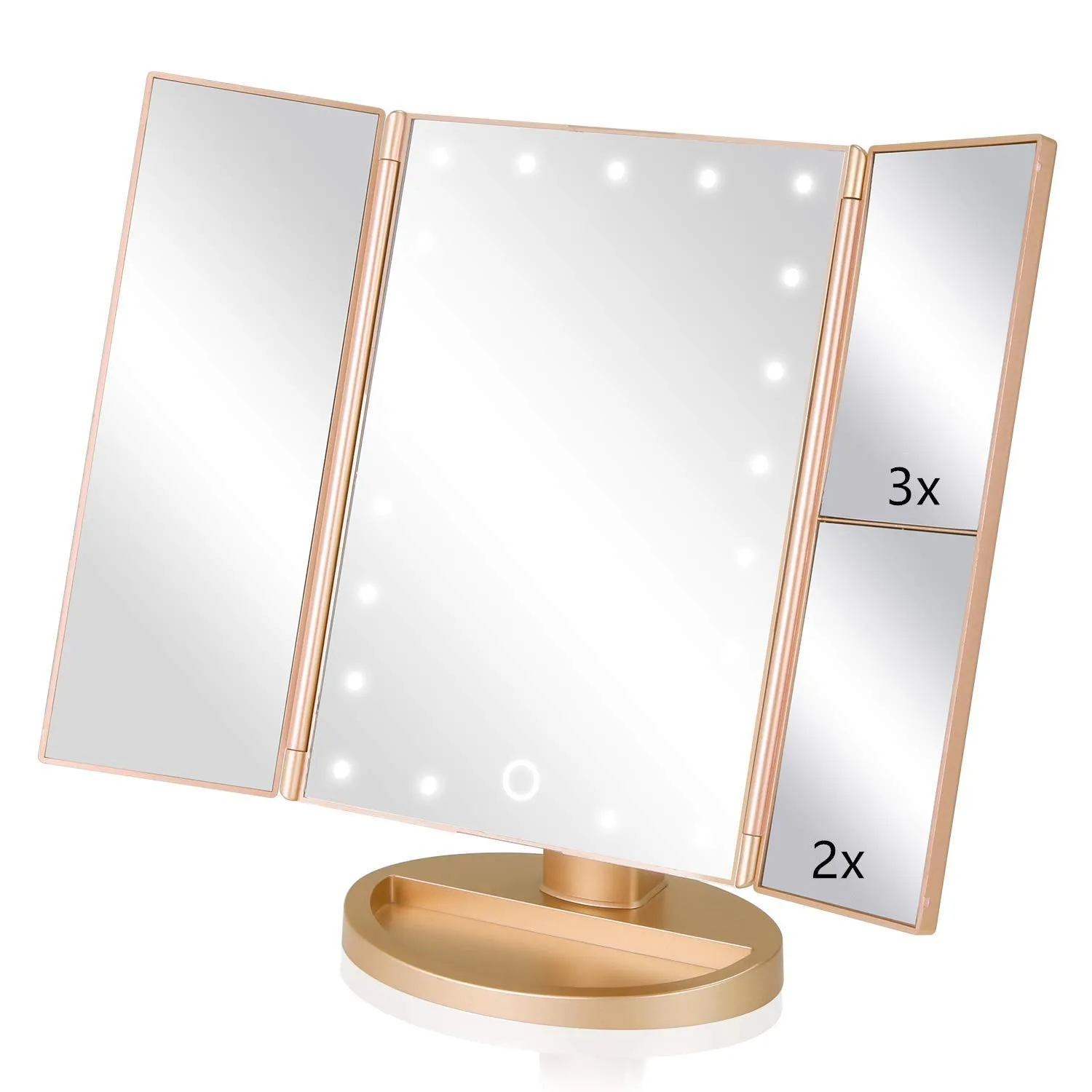 Infitrans 3 Folds Lighted Vanity Makeup Mirror,1X/2X/3X Magnification, 21 LED Light Bright Table Mirror with Touch Screen,180 Adjustable Rotation,Portable Travel Cosmetic Mirror
