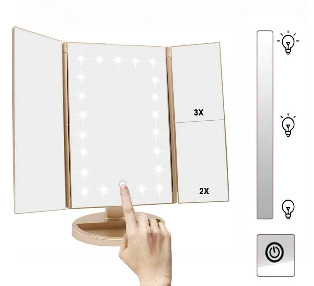 Infitrans 3 Folds Lighted Vanity Makeup Mirror,1X/2X/3X Magnification, 21 LED Light Bright Table Mirror with Touch Screen,180 Adjustable Rotation,Portable Travel Cosmetic Mirror
