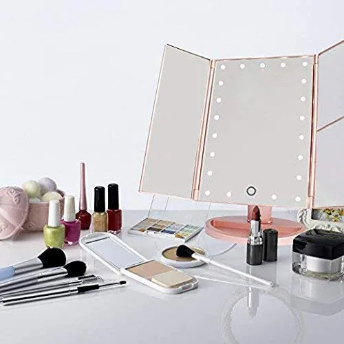 Infitrans 3 Folds Lighted Vanity Makeup Mirror,1X/2X/3X Magnification, 21 LED Light Bright Table Mirror with Touch Screen,180 Adjustable Rotation,Portable Travel Cosmetic Mirror