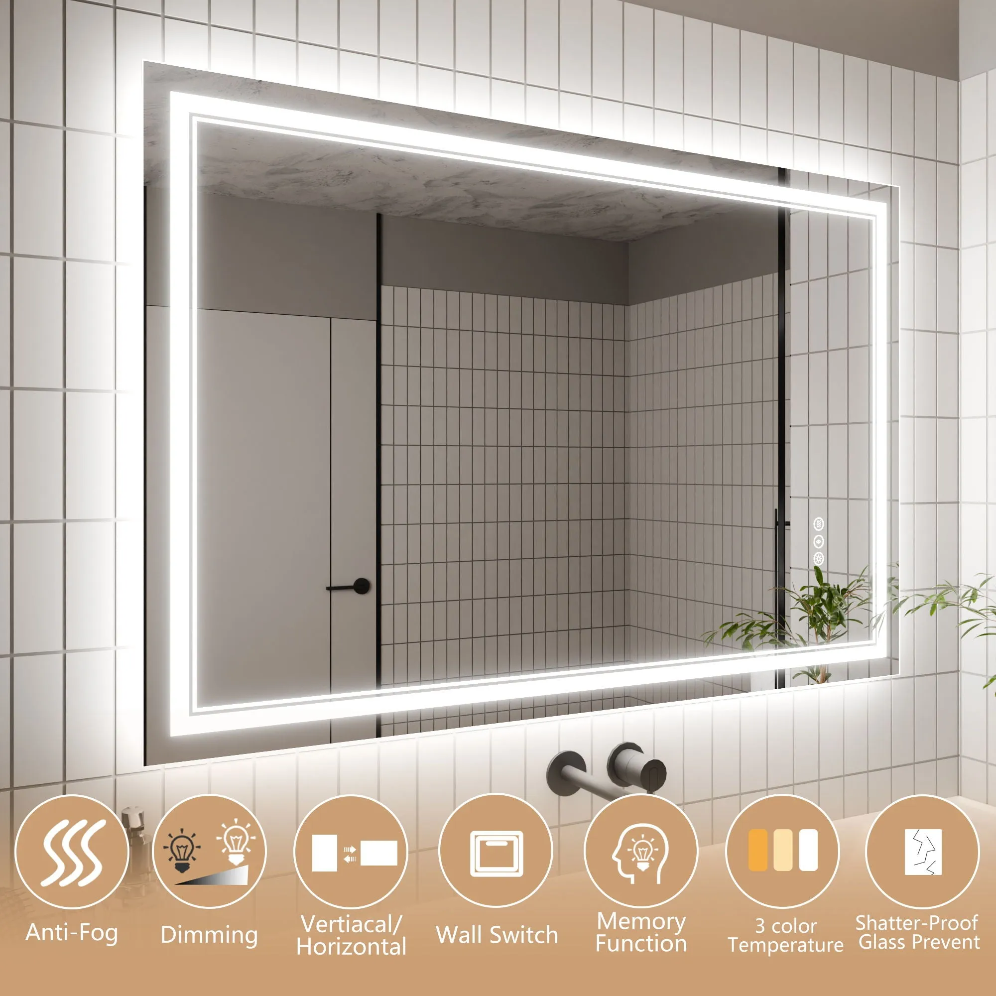 Led Bathroom Mirror, 32X48" Bathroom Vanity Mirrors With Lights, Mirrors For Wall With Smart Touch Button, Anti - Fog, Memory Function, Stepless Dimmable Makeup Mirror (Horizontal / Vertical)