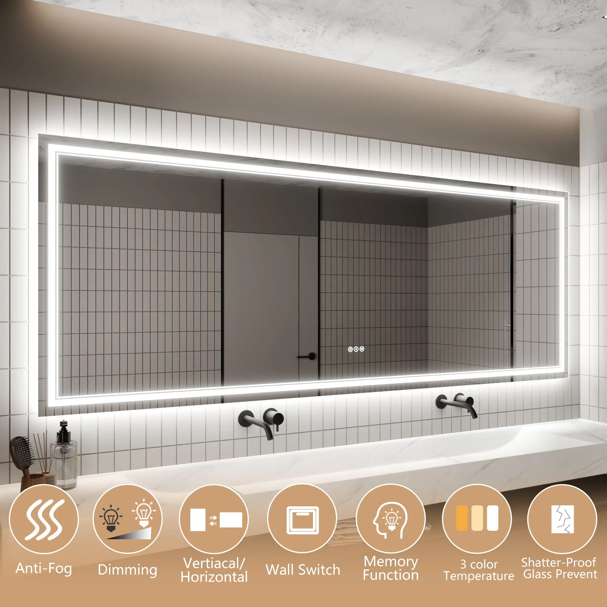 Led Bathroom Mirror, 36X96" Bathroom Vanity Mirrors With Lights, Mirrors For Wall With Smart Touch Button, Anti - Fog, Memory Function, Stepless Dimmable Makeup Mirror (Horizontal / Vertical)