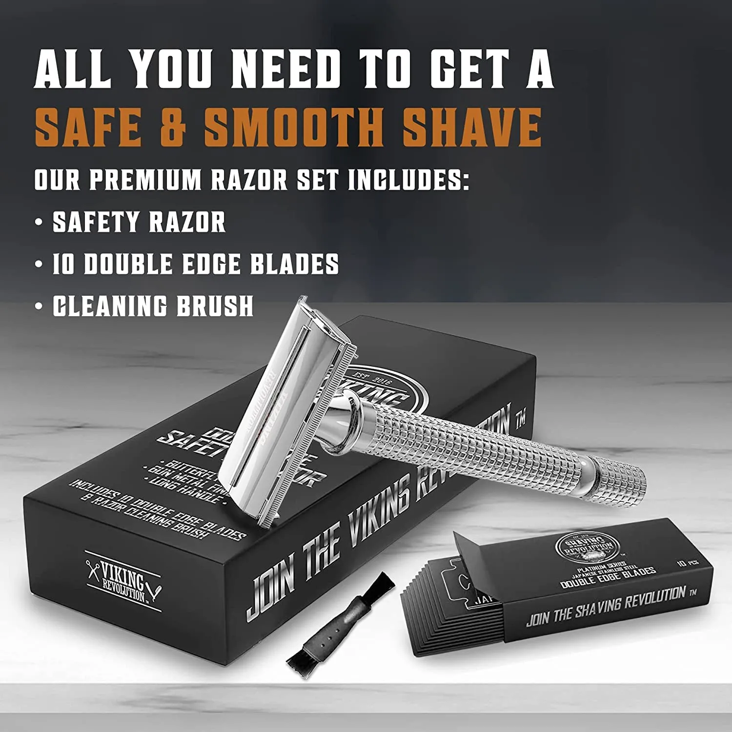 Long Handle Double Edge Safety Razor w/ 10 Blades (Chrome)