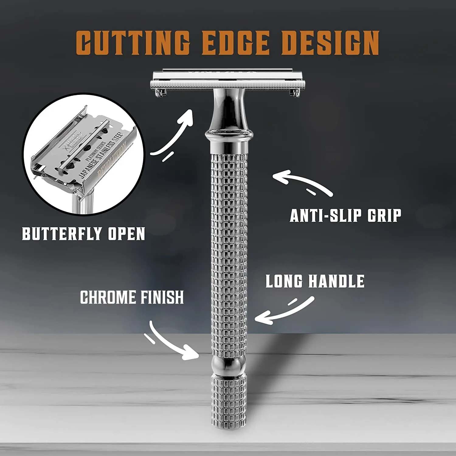 Long Handle Double Edge Safety Razor w/ 10 Blades (Chrome)