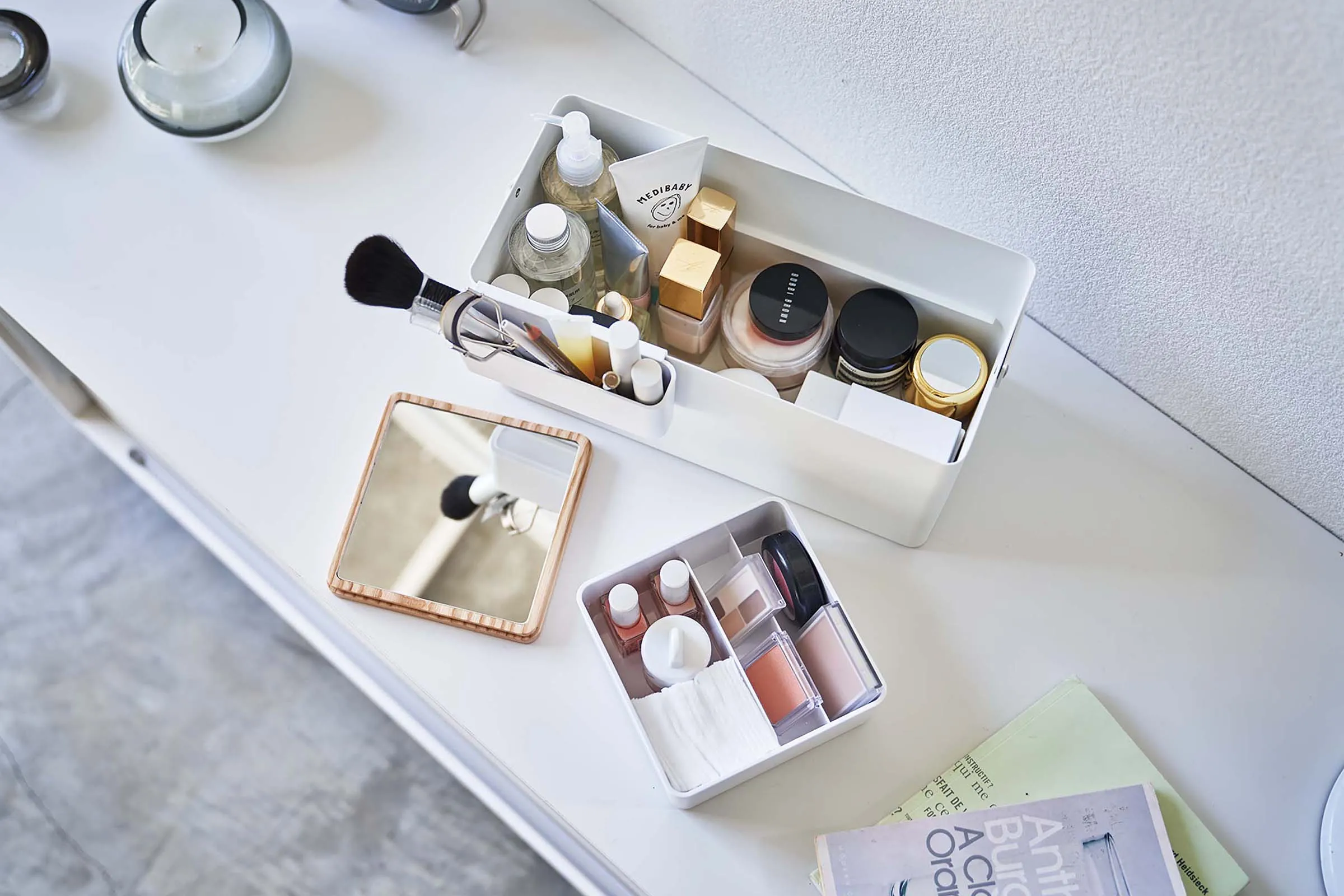 Makeup Organizer with Mirror - Steel   Wood
