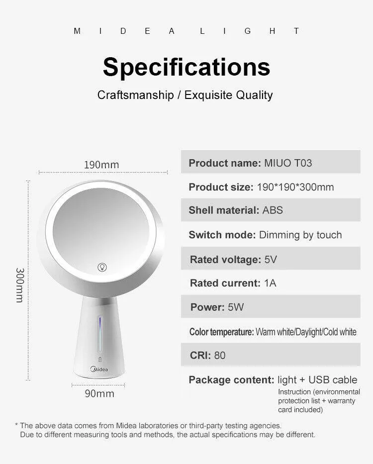 Midea LED Makeup mirror Tattoo Light Beauty Lamp Nails Makeup Portable USB MTD5-MK-12-K