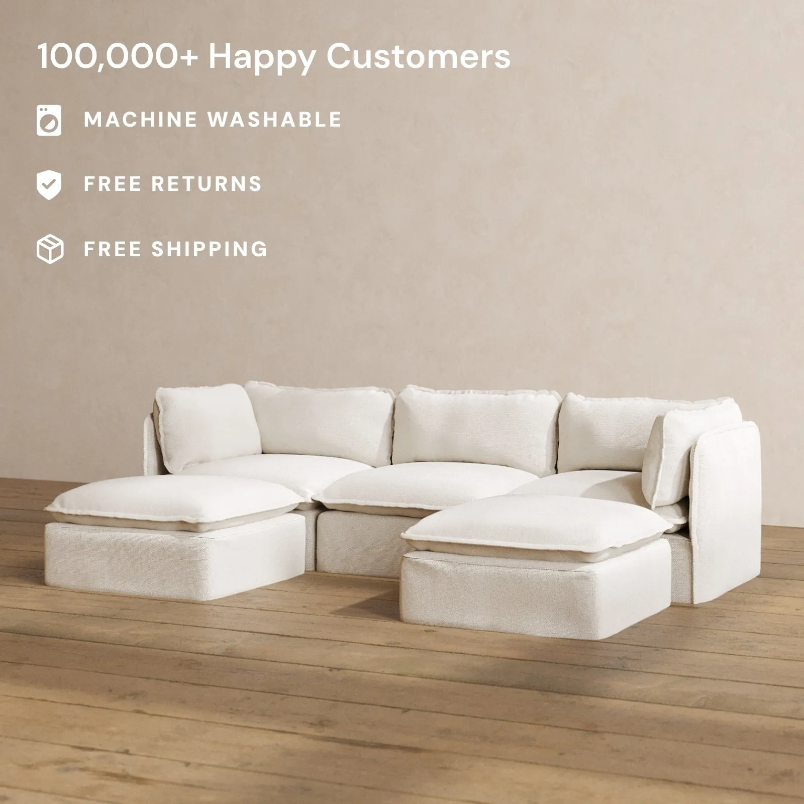 Modular Washable 3-Seater U-Sectional in Powder | Deluxe  Seat | Contour Pillow