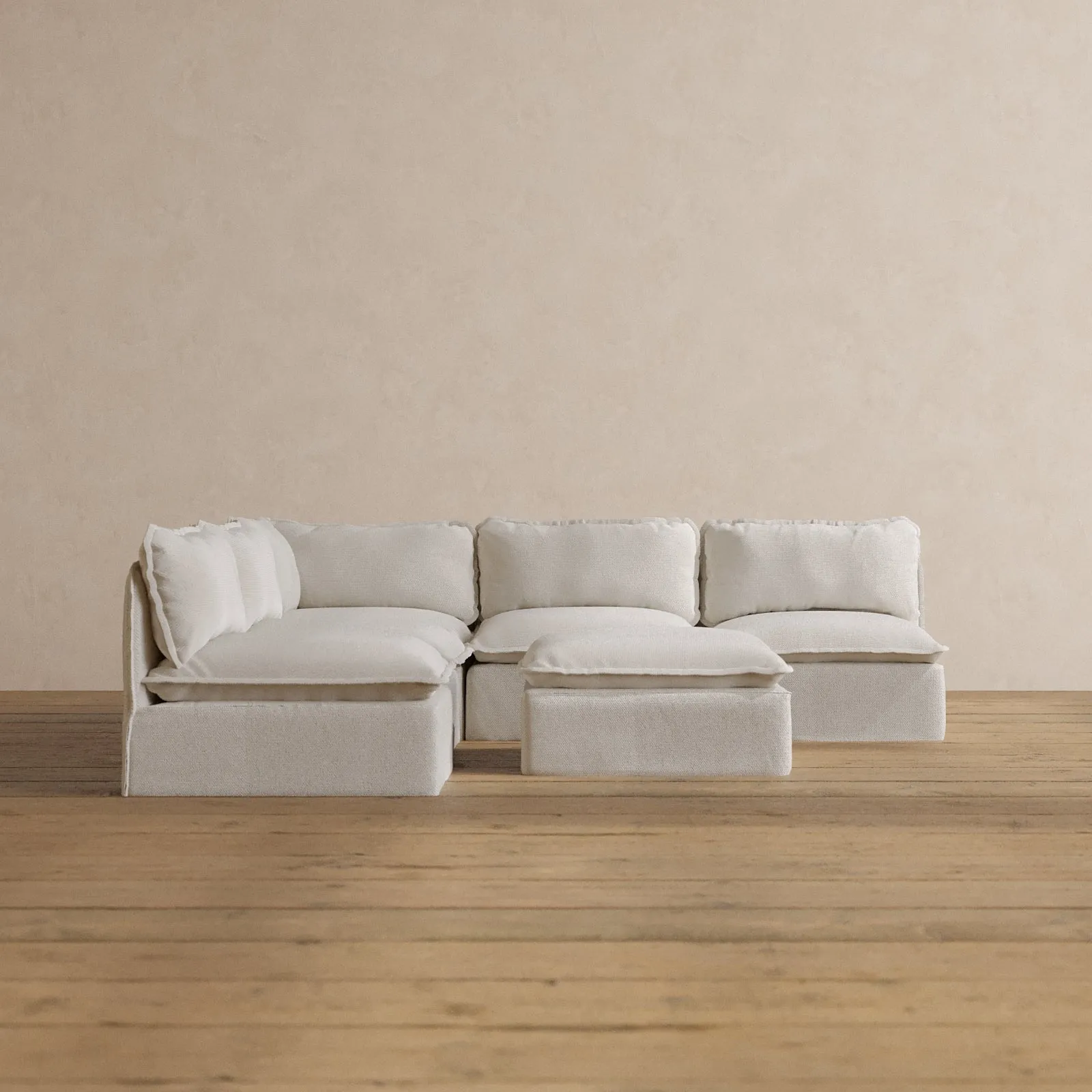 Modular Washable 5-Seater Open-Ends Corner Sectional   Ottoman in Powder | Deluxe  Seat | Contour Pillow