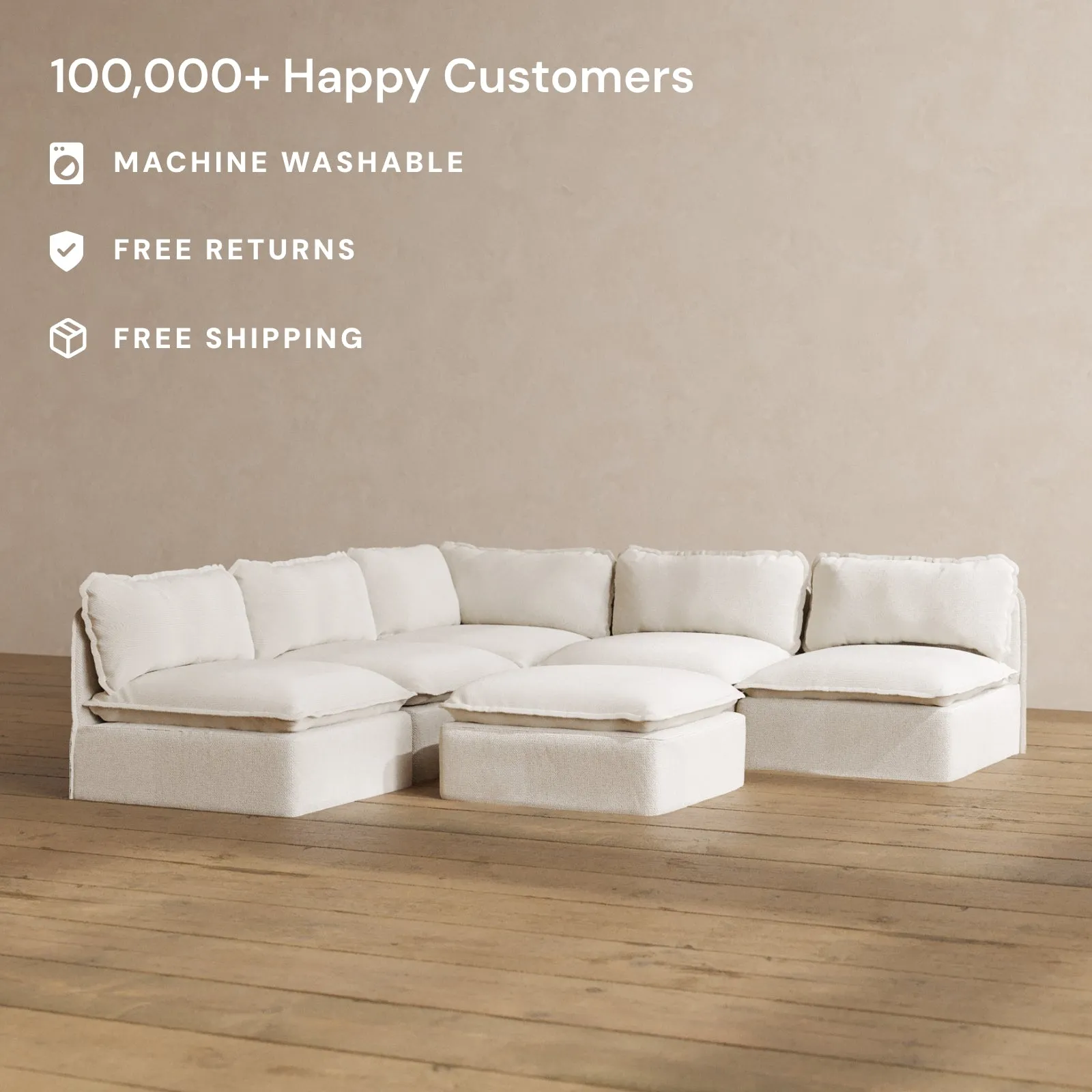 Modular Washable 5-Seater Open-Ends Corner Sectional   Ottoman in Powder | Deluxe  Seat | Contour Pillow