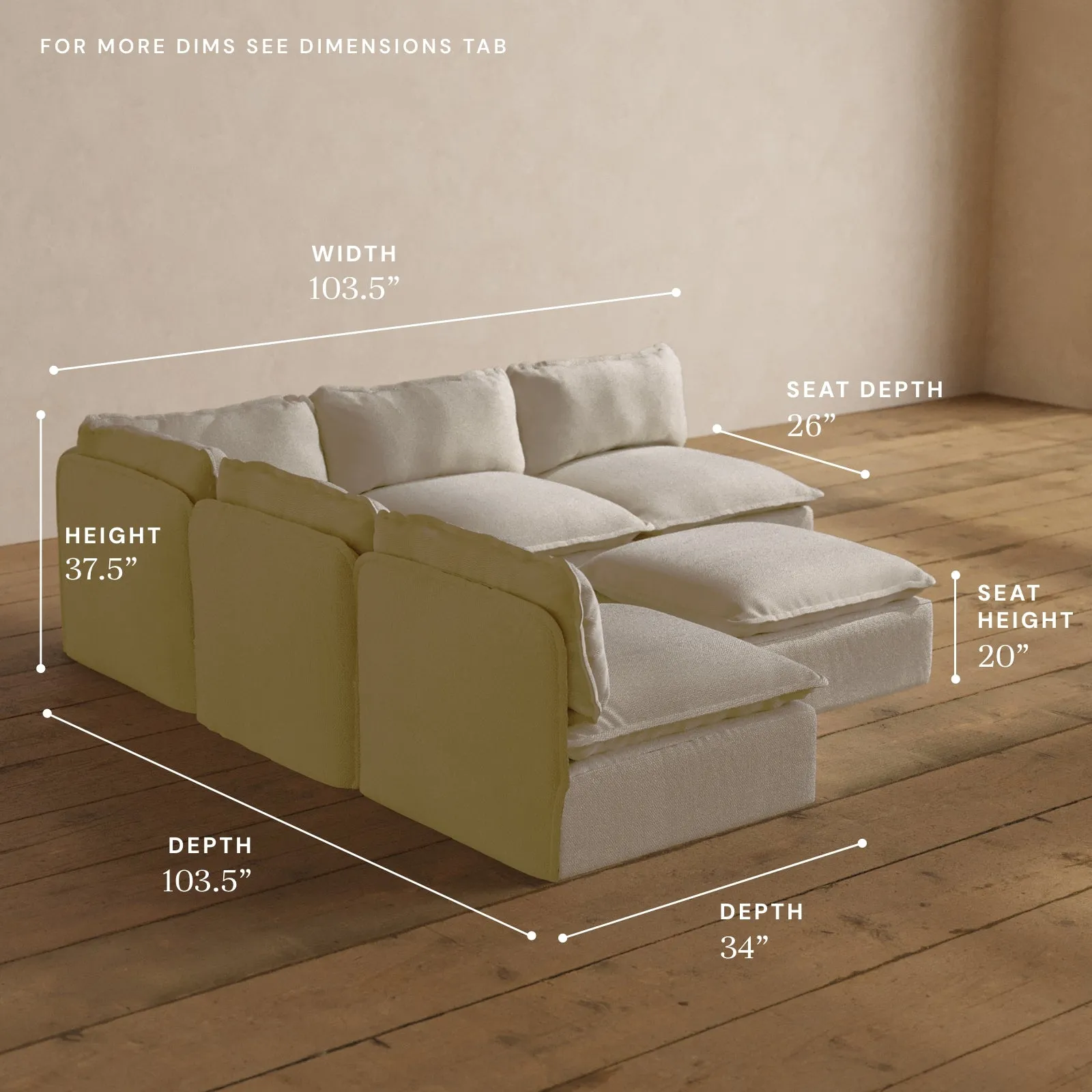 Modular Washable 5-Seater Open-Ends Corner Sectional   Ottoman in Powder | Deluxe  Seat | Contour Pillow