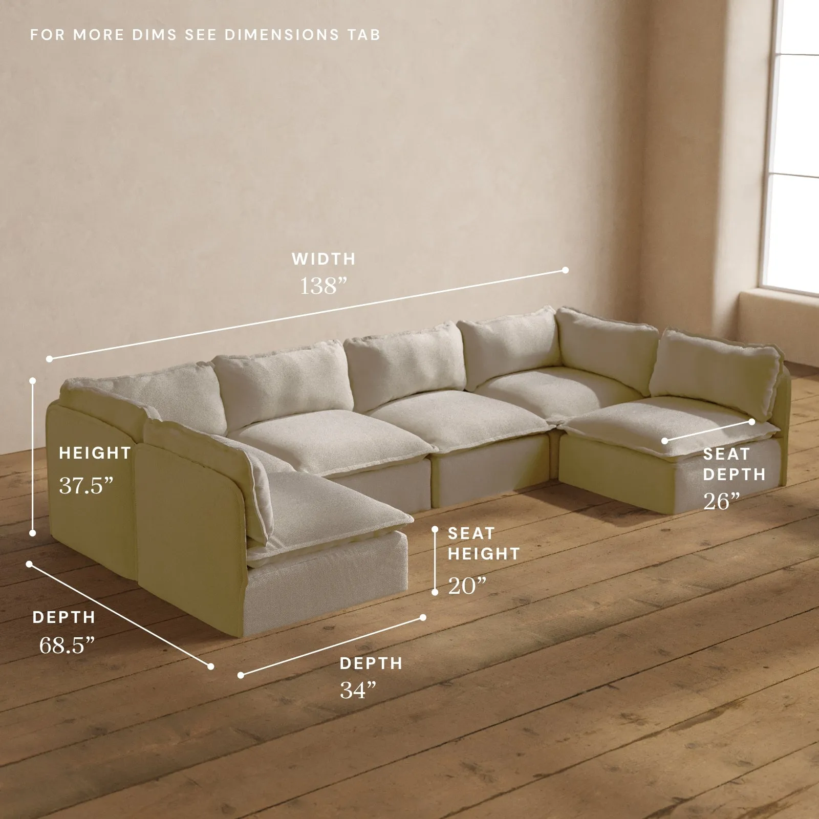Modular Washable 6-Seater Open-Ends U-Sectional in Powder | Deluxe  Seat | Contour Pillow