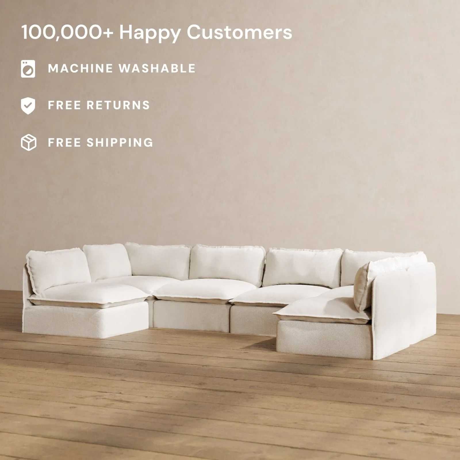 Modular Washable 6-Seater Open-Ends U-Sectional in Powder | Deluxe  Seat | Contour Pillow