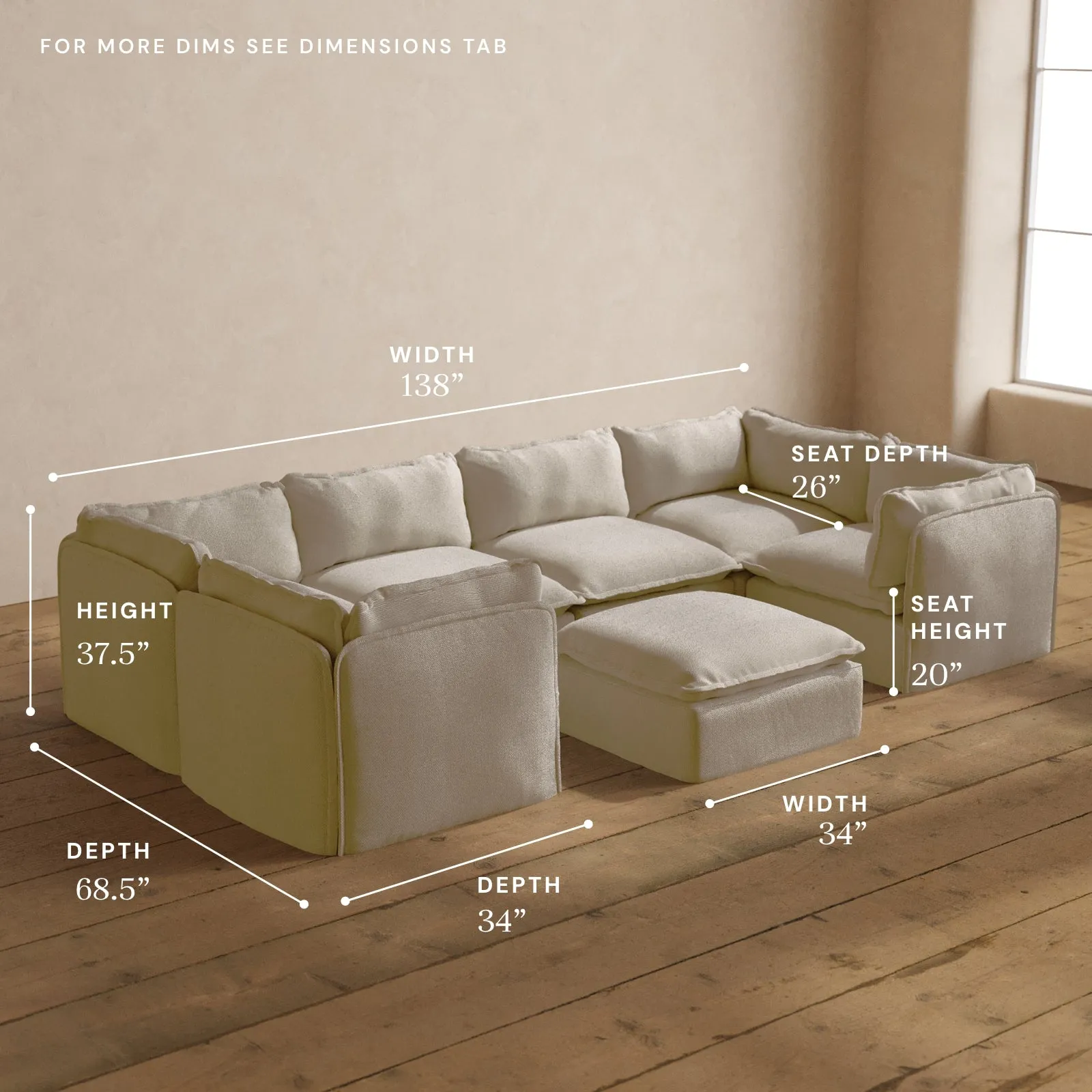 Modular Washable 6-Seater U-Sectional   Ottoman in Powder | Deluxe  Seat | Contour Pillow