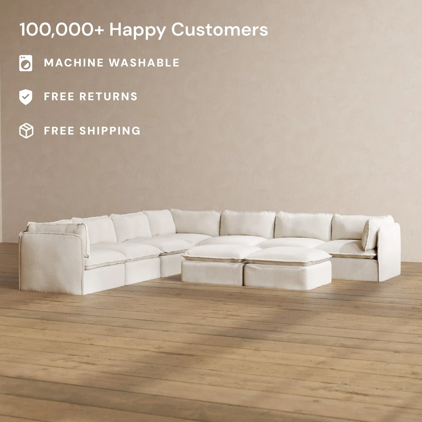 Modular Washable 7-Seater Corner Sectional   Bench Ottoman in Powder | Memorix  Seat | Contour Pillow