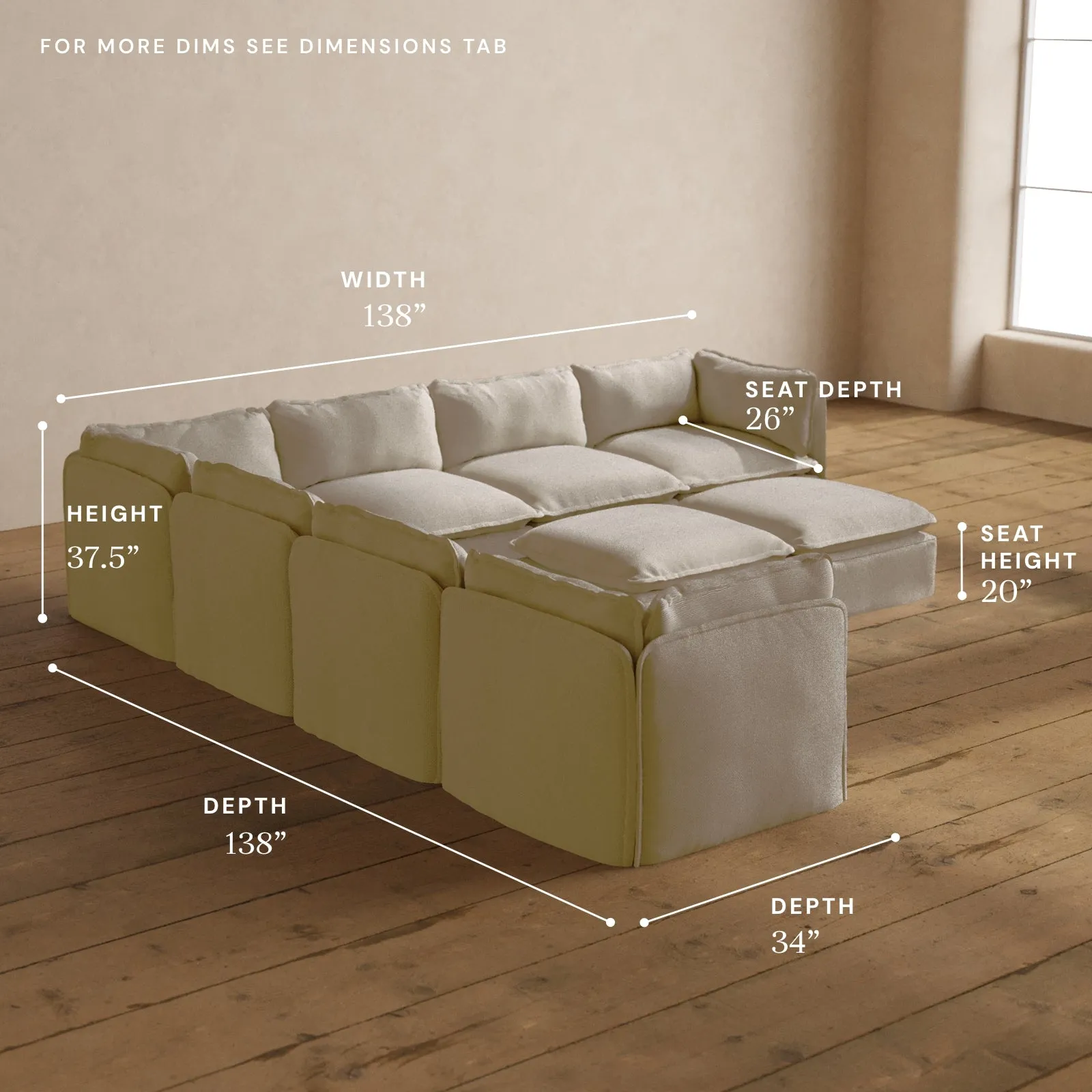 Modular Washable 7-Seater Corner Sectional   Bench Ottoman in Powder | Memorix  Seat | Contour Pillow
