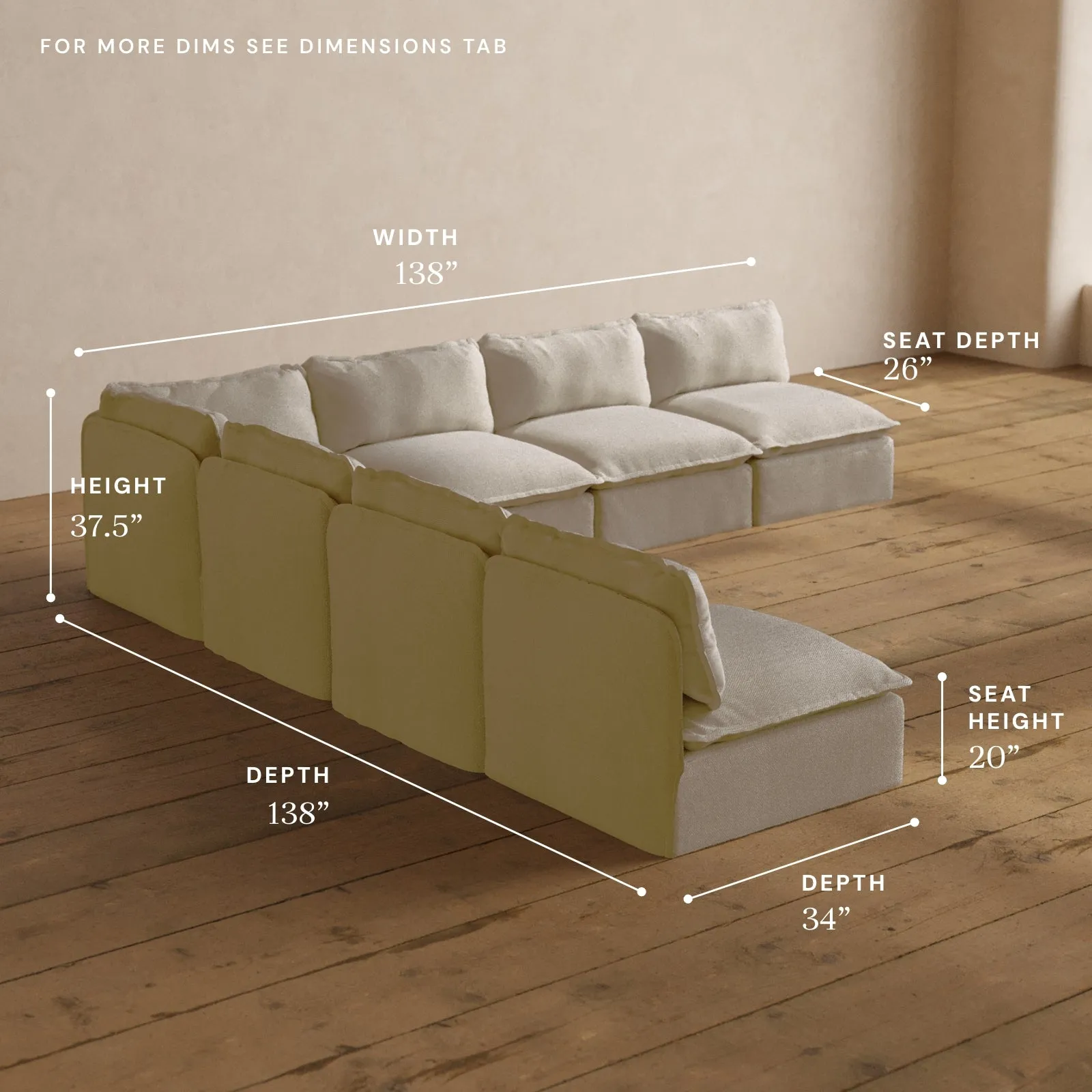 Modular Washable 7-Seater Open-Ends Corner Sectional in Powder | Deluxe  Seat | Contour Pillow