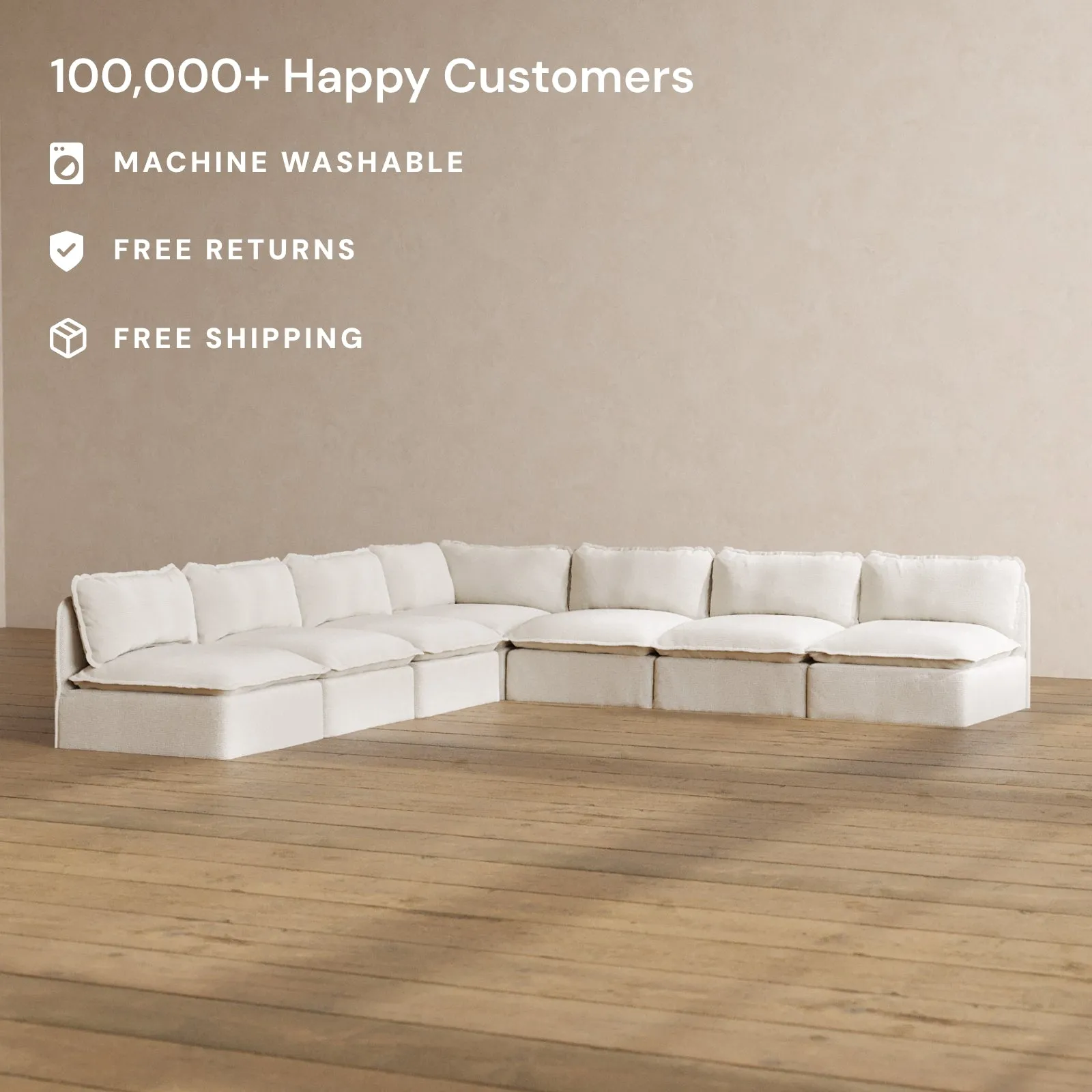 Modular Washable 7-Seater Open-Ends Corner Sectional in Powder | Deluxe  Seat | Contour Pillow