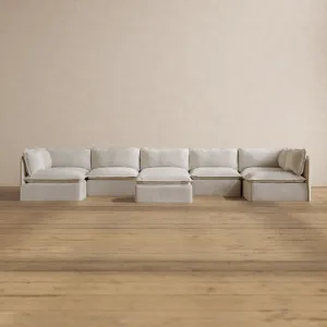 Modular Washable 7-Seater Open-Ends U-Sectional   Ottoman in Powder | Memorix  Seat | Contour Pillow