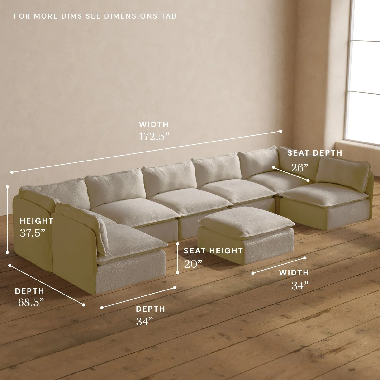 Modular Washable 7-Seater Open-Ends U-Sectional   Ottoman in Powder | Memorix  Seat | Contour Pillow