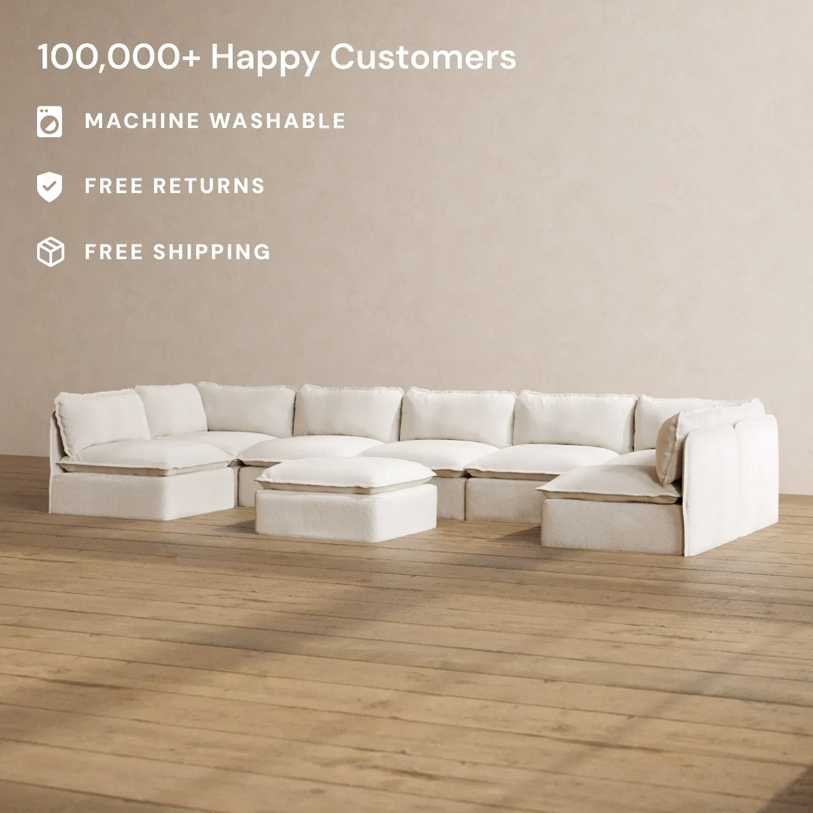 Modular Washable 7-Seater Open-Ends U-Sectional   Ottoman in Powder | Memorix  Seat | Contour Pillow