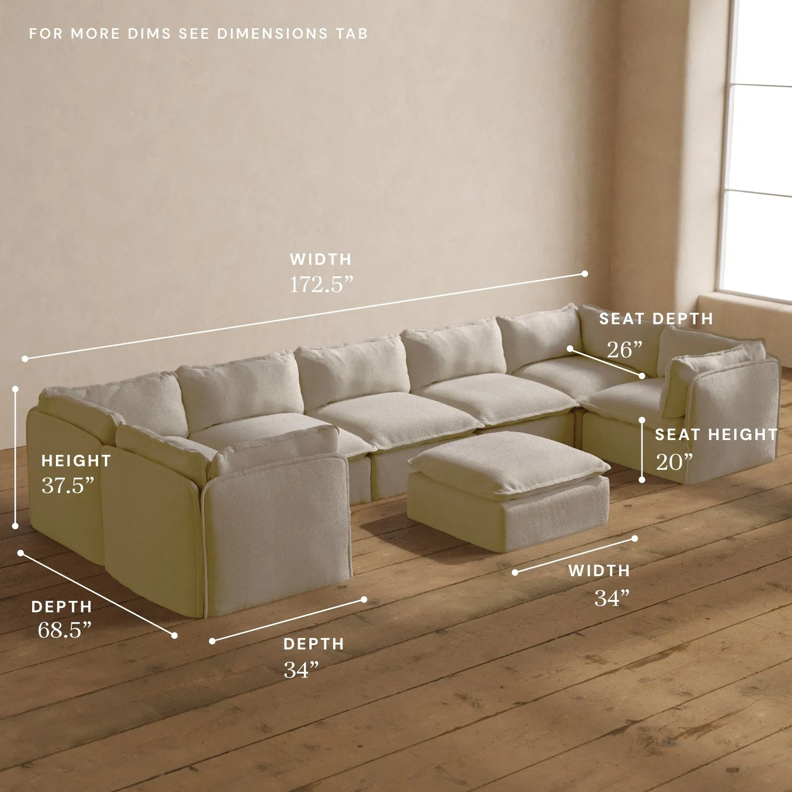 Modular Washable 7-Seater U-Sectional   Ottoman in Powder | Memorix  Seat | Contour Pillow