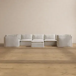 Modular Washable 7-Seater U-Sectional   Ottoman in Powder | Memorix  Seat | Contour Pillow
