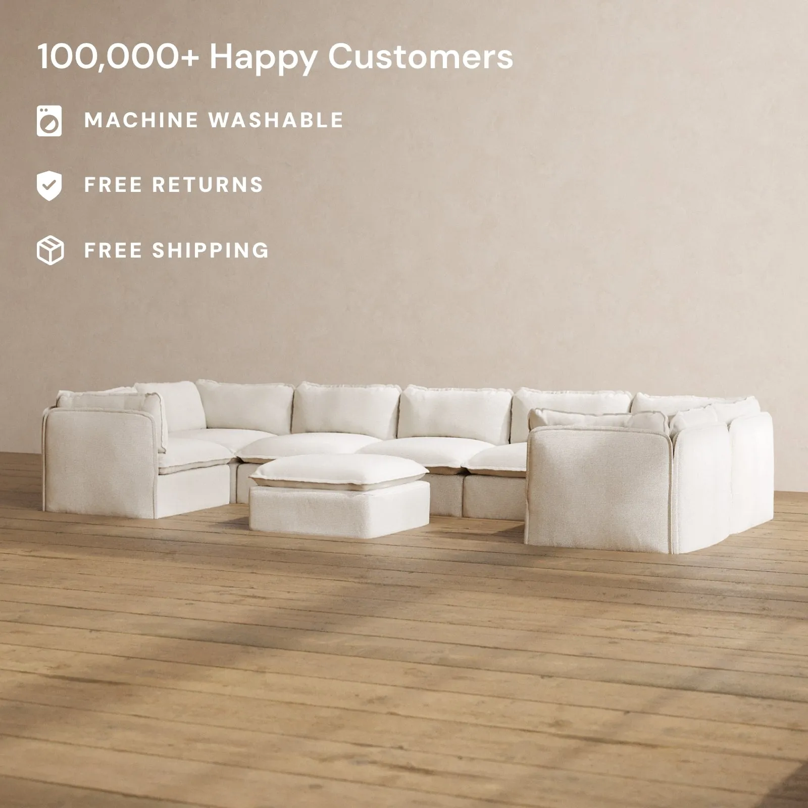 Modular Washable 7-Seater U-Sectional   Ottoman in Powder | Memorix  Seat | Contour Pillow