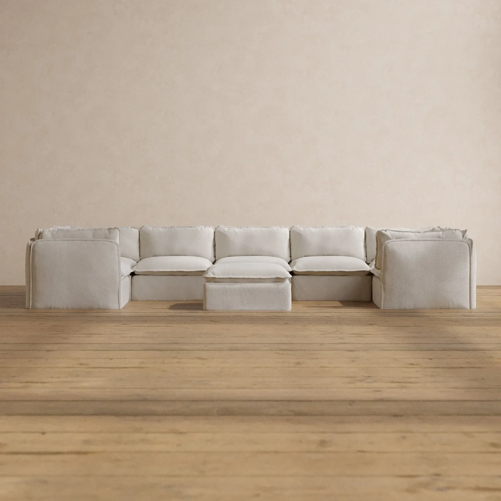 Modular Washable 7-Seater U-Sectional   Ottoman in Powder | Memorix  Seat | Contour Pillow