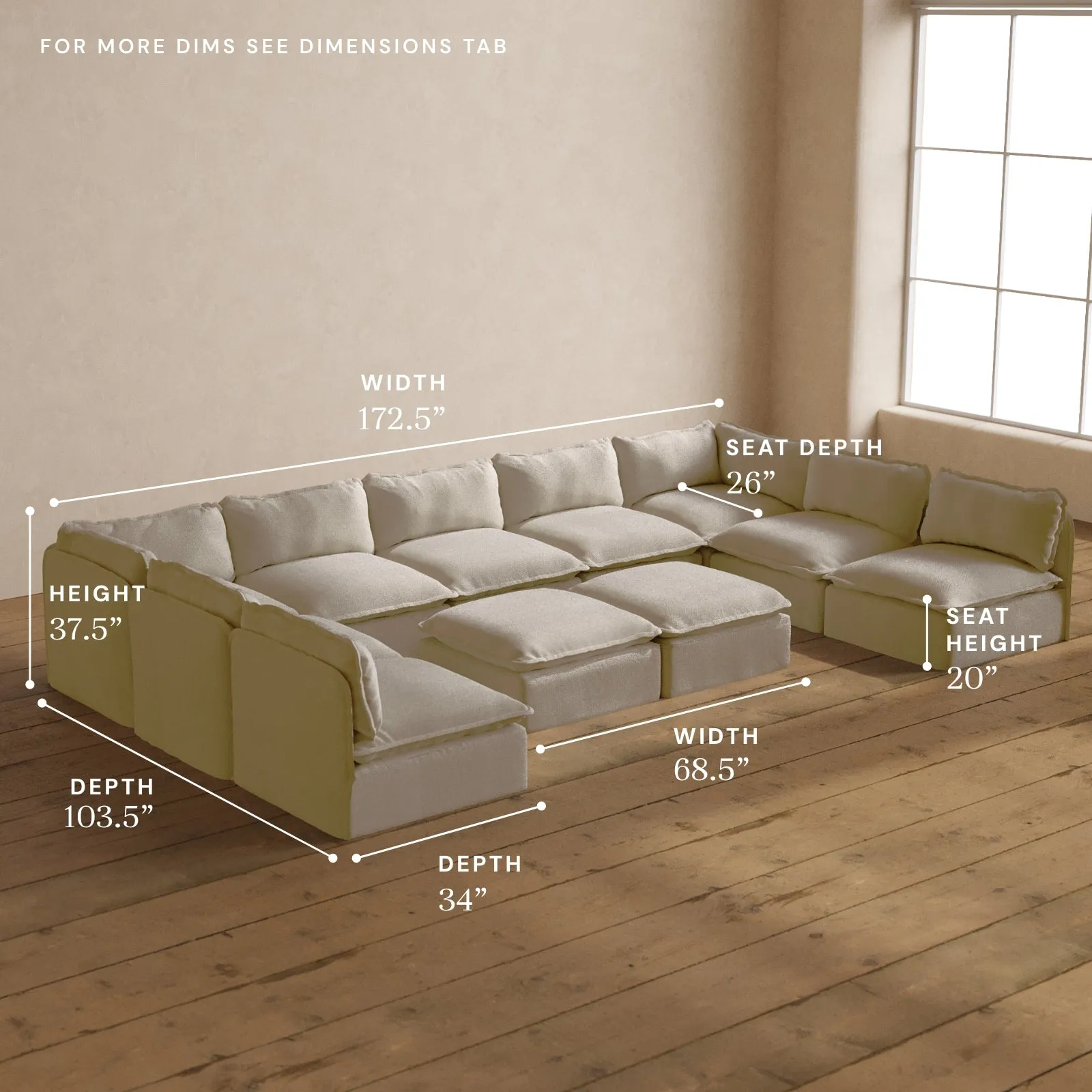 Modular Washable 9-Seater Open-Ends U-Sectional   Bench Ottoman in Powder | Deluxe  Seat | Contour Pillow